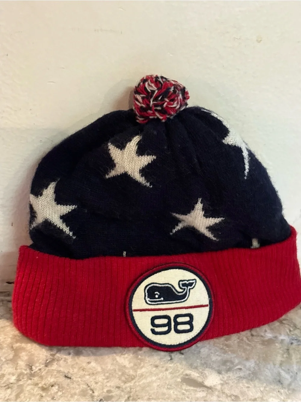 Vineyard Vines Navy & Red Star Pom Beanie